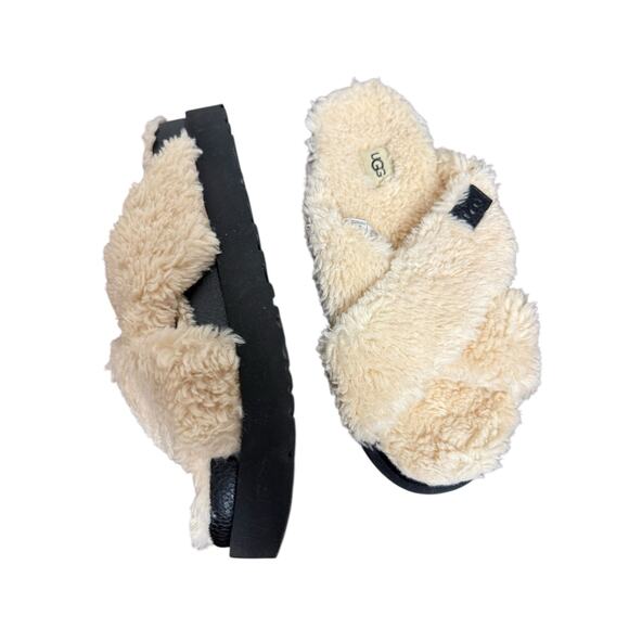 UGG Fuzz Sugar Cream Black Cross Platform Slip On Slide Slippers Women’s Size 9 - Picture 4 of 8